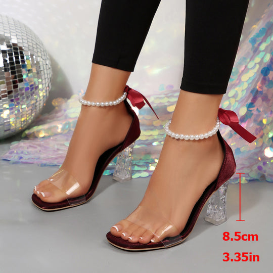 Damen Elegante und modische Sandaletten mit transparentem Riemchen und funkelndem Blockabsatz R&B