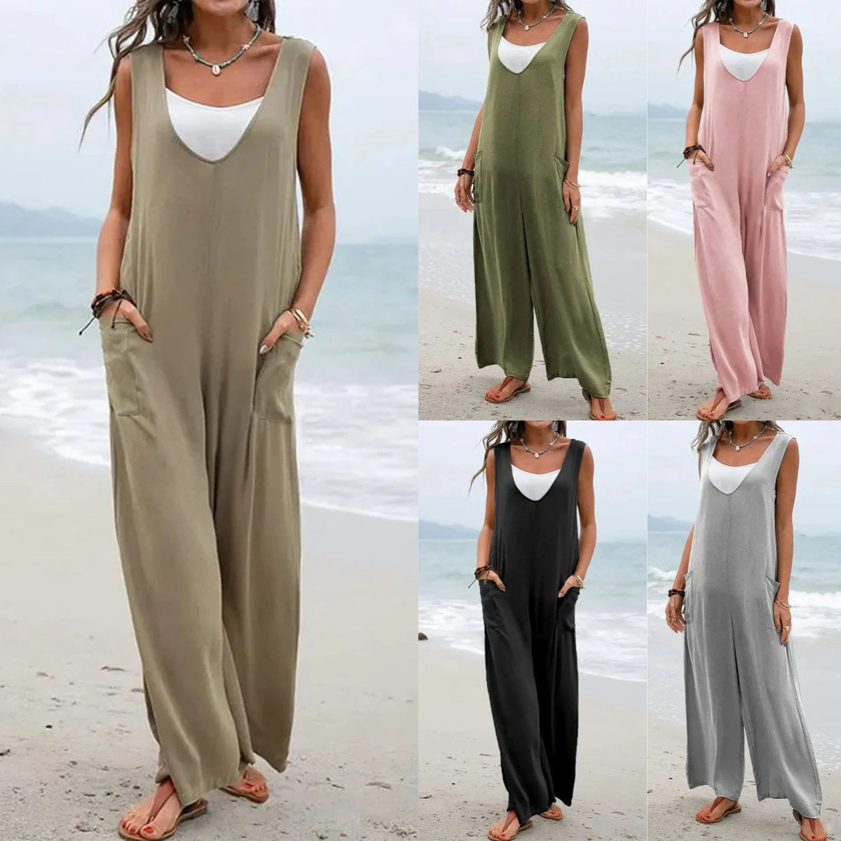 Damen Weit geschnittene Sommer-Jumpsuit mit praktischen Taschen und V-Ausschnitt R&B