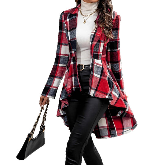 Damen Elegante und fließende Karojacke mit asymmetrischem Saum R&B