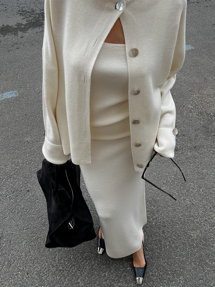 R&B | Gestricktes Langarm Strickjacke, Top und Rock Drei Teile Satz