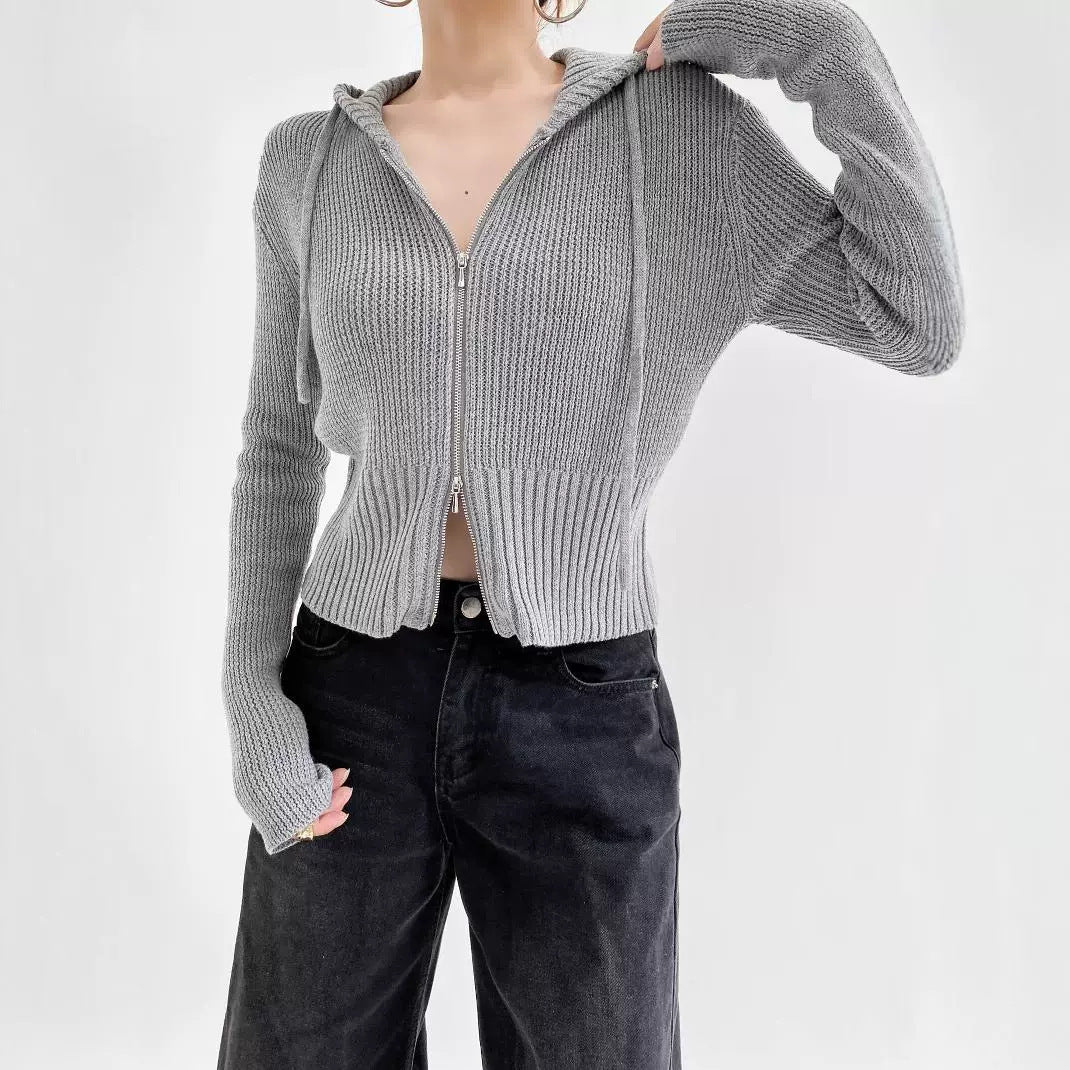 Damen lässiger Strickzipper mit Kapuze R&B