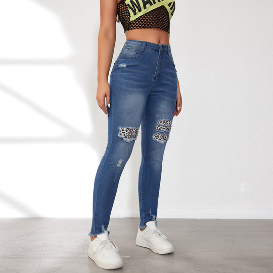 Damen Skinny Jeans mit animalischen Applikationen und Distressed-Effekten R&B