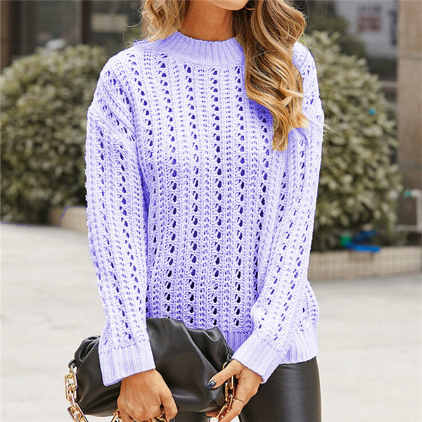Damen luftiger Strickpullover mit Lochmuster und modernem Stehkragen R&B