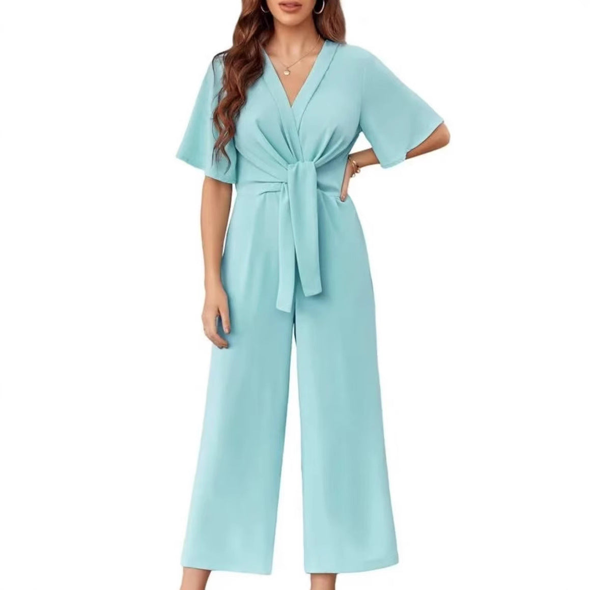 Damen eleganter Wickel-Jumpsuit mit weiten Beinen und Taillengürtel R&B