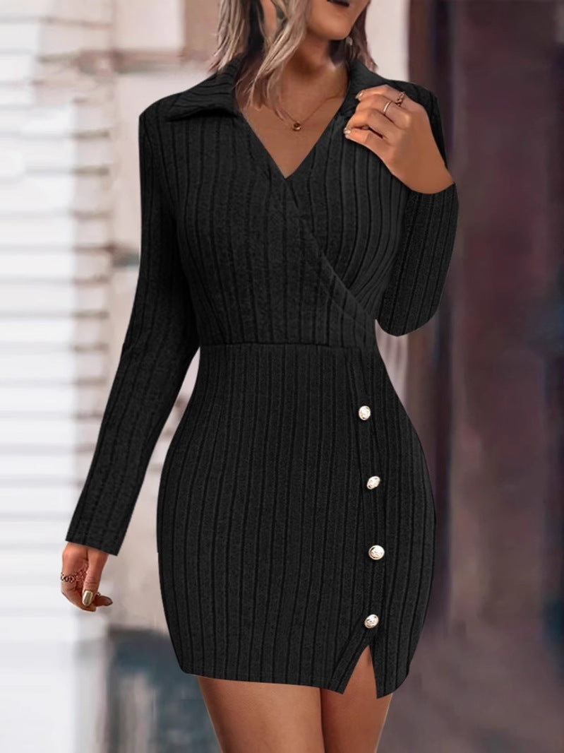 Damen Strickkleid mit V-Ausschnitt und Knopfdetails R&B