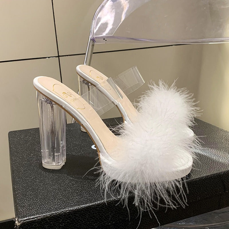 Damen elegante Mules mit transparentem Blockabsatz und feiner Fellverzierung R&B