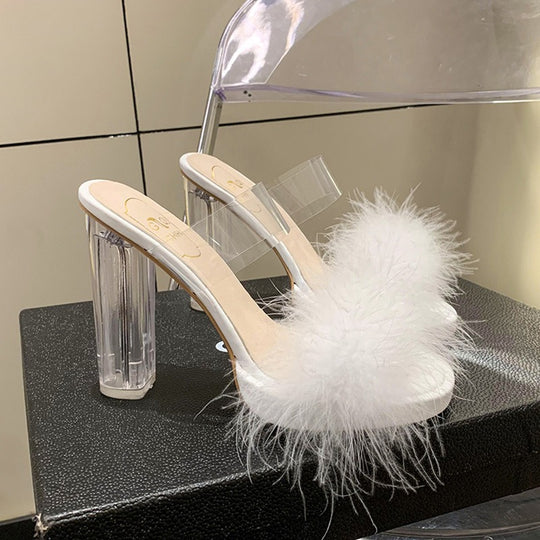 Damen elegante Mules mit transparentem Blockabsatz und feiner Fellverzierung R&B