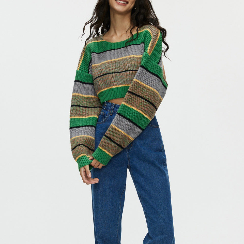 Damen Crop-Pullover mit lässigen Streifen und weichem Material R&B