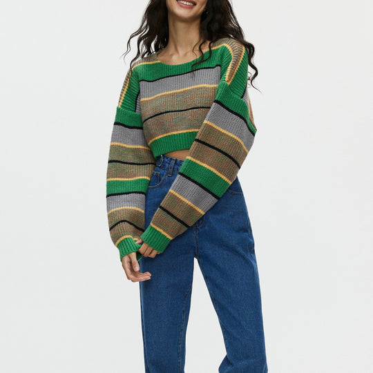 Damen Crop-Pullover mit lässigen Streifen und weichem Material R&B