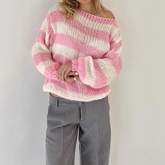 Damen Strickpullover mit breitem Streifenmuster und voluminösen Ärmeln R&B