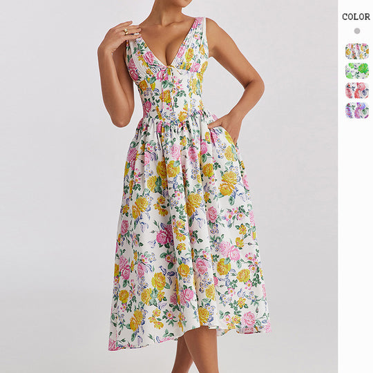 Damen Midikleid mit floralen Akzenten und tailliertem Oberteil R&B