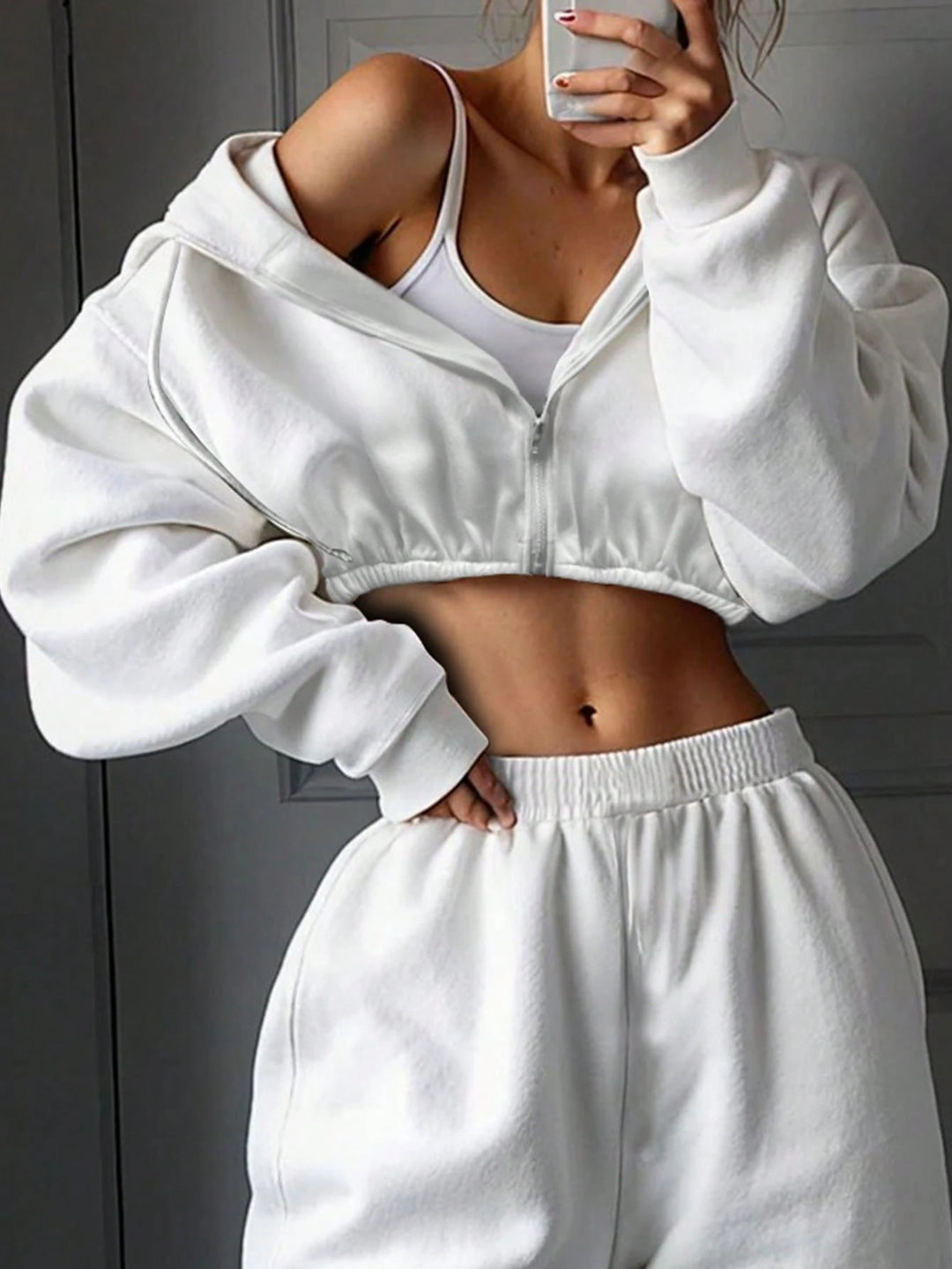 Damen lässiges Cropped Sweat-Set mit voluminösen Ärmeln und weitem Schnitt R&B
