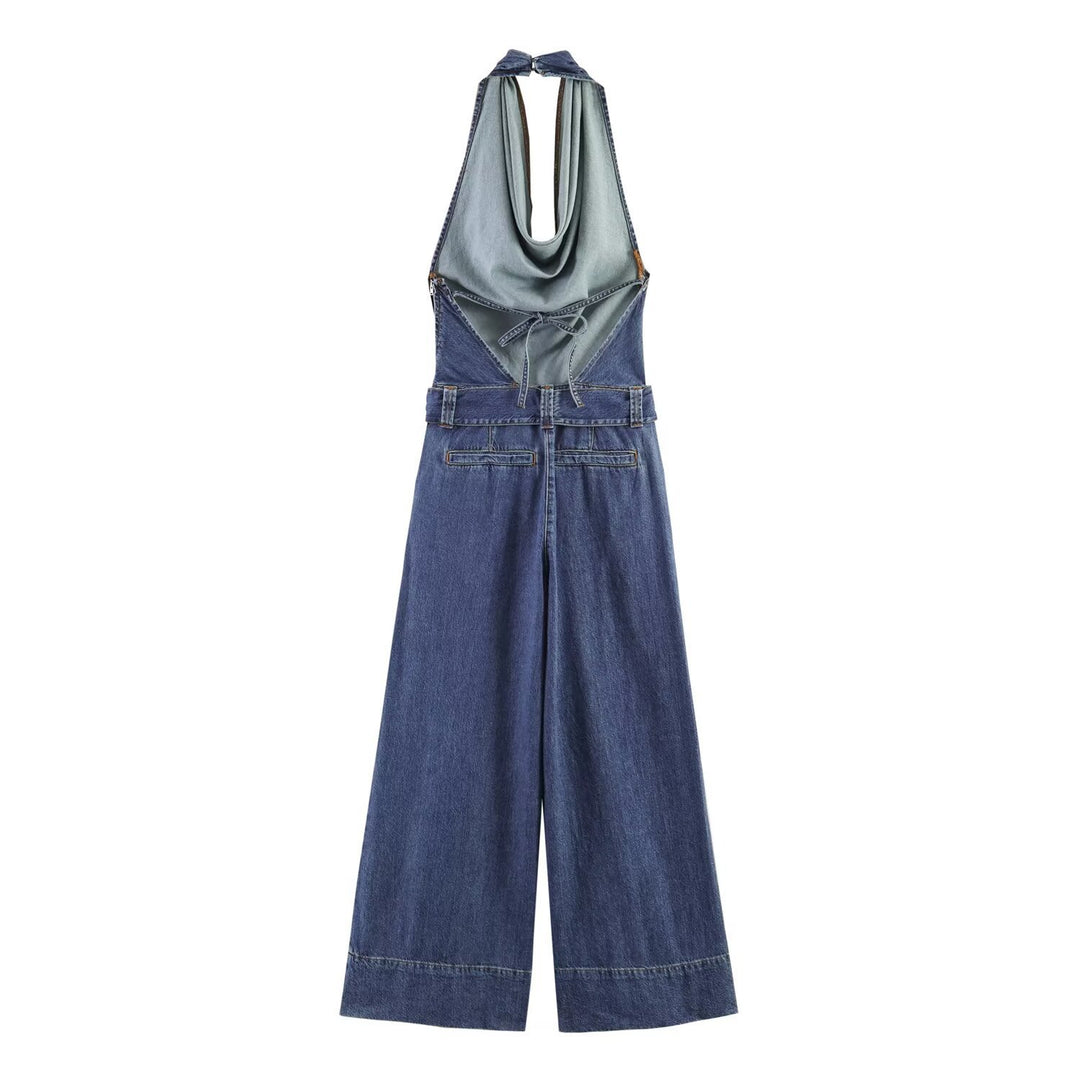 Damen Jumpsuit mit halbem Ausschnitt und weitem Bein R&B