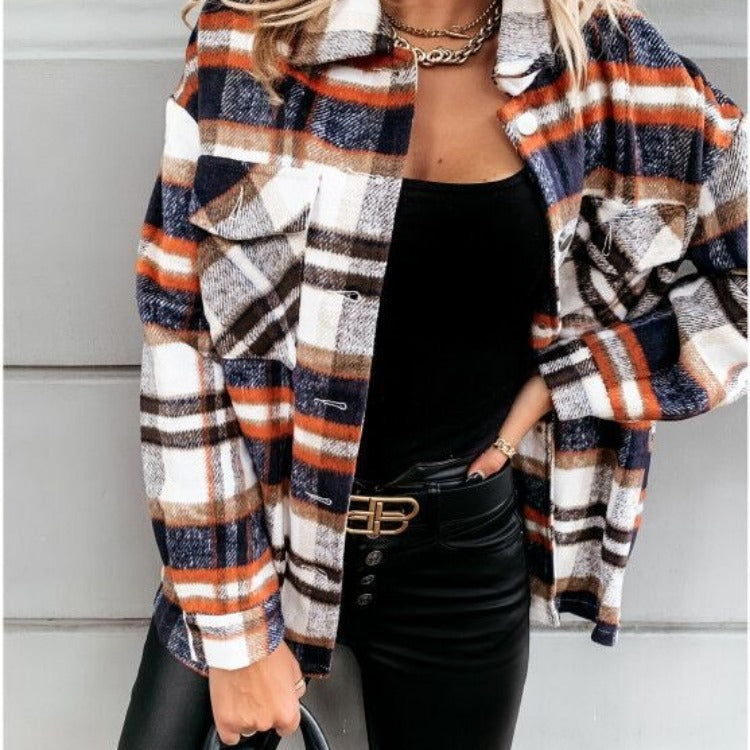 Damen Übergröße Karo-Hemdjacke aus weichem Stoff mit Druckknöpfen R&B