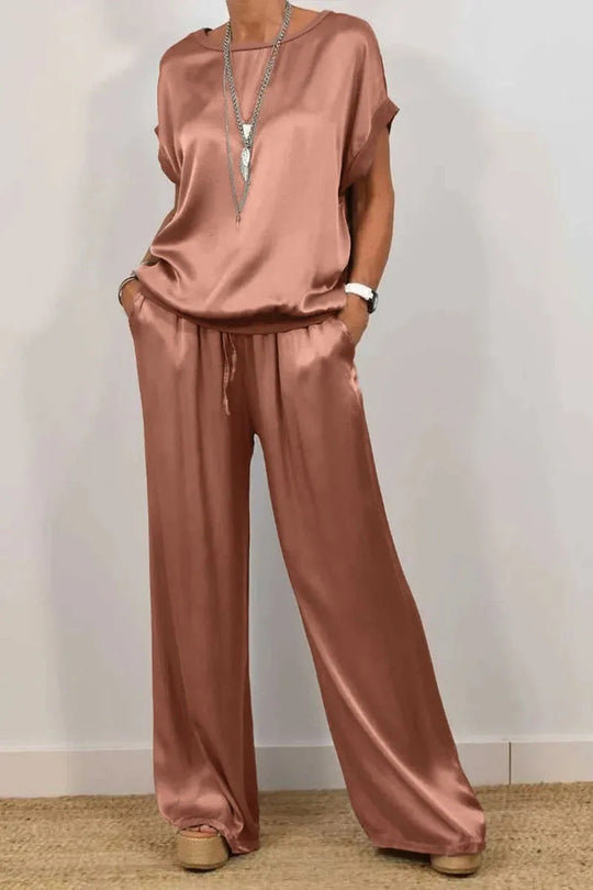 Damen Elegantes Satin Lounge-Set mit weitem Schnitt und lässigem Oberteil R&B