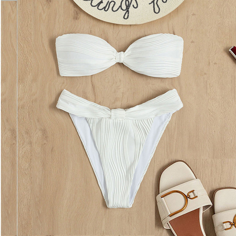 Damen Bandeau-Bikini mit modischer Raffung und hoch geschnittenem Slip R&B