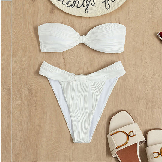 Damen Bandeau-Bikini mit modischer Raffung und hoch geschnittenem Slip R&B