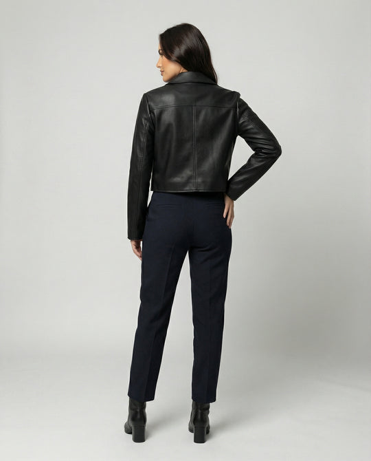 Damen Kurzjacke aus PU-Leder im Vintage Biker-Stil Schwarz