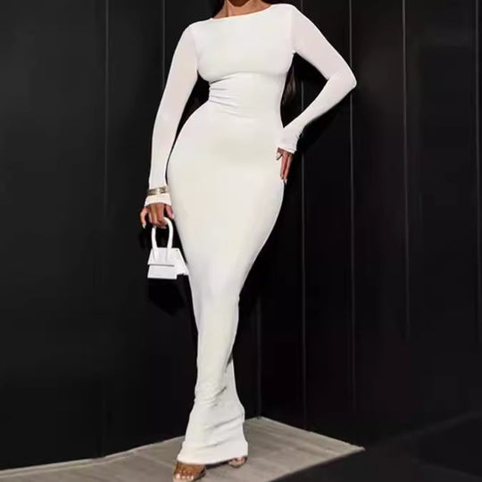 Damen Elegantes Langarm-Maxikleid aus bequemem Stretch-Material R&B