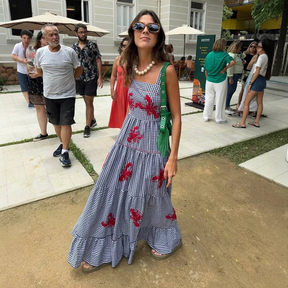 Damen Maxikleid mit Karo-Muster und lebhaften gestickten Krabbenmotiven R&B
