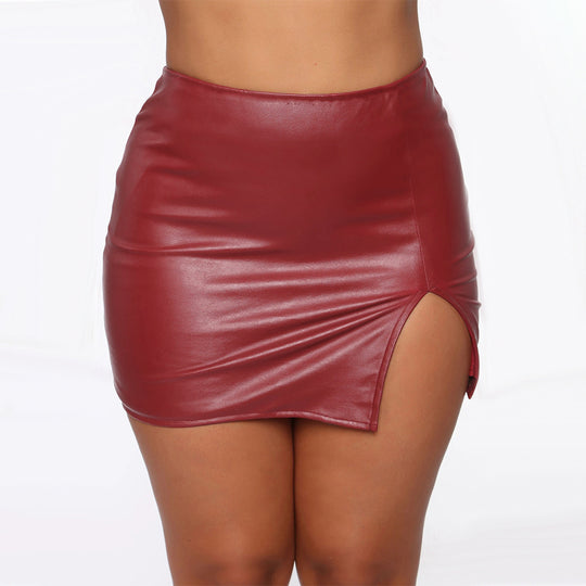 Damen Kunstleder Minirock mit asymmetrischem Schlitz und hohem Taillenbund R&B