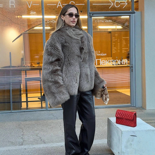 Damen luxuriöse Kunstfelljacke mit voluminösen Ärmeln R&B