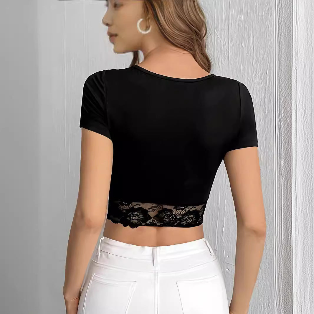 Damen Elegantes Cropped Top mit floralem Spitzenbesatz R&B