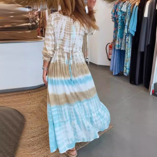Damen nan luftiges Batik-Stufenkleid mit V-Ausschnitt, Empire-Taille und elastischen Ärmeln R&B