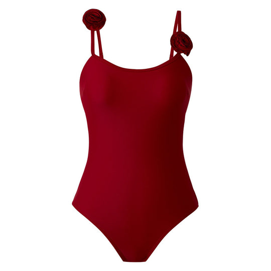 Damen Einteiler Badeanzug mit dekorativen Blumenapplikationen und elegantem Wickelrock R&B