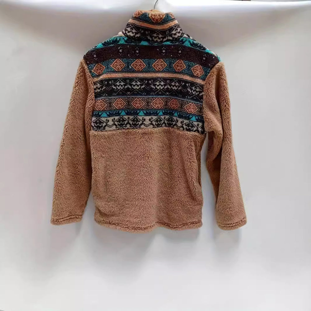 Damen Fleece-Pullover mit modischem Reißverschluss und buntem Muster R&B