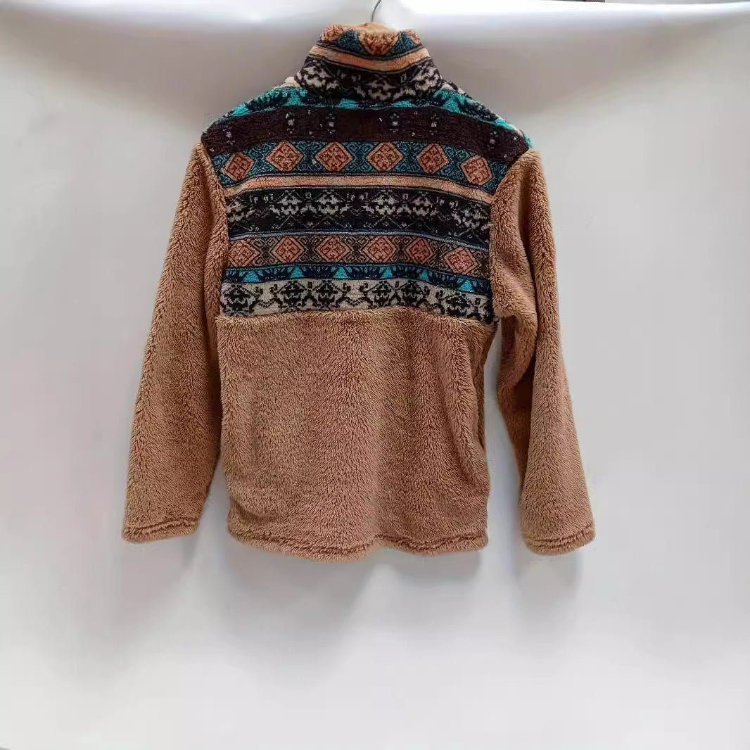 Damen Fleece-Pullover mit modischem Reißverschluss und buntem Muster R&B