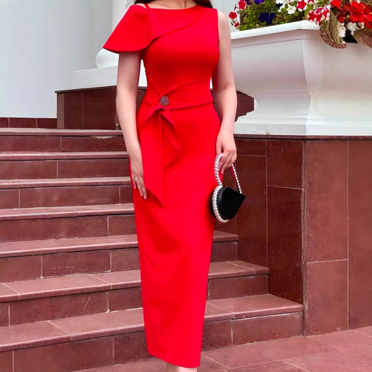 Damen Elegantes Abendkleid mit asymmetrischem Schulterdesign und Taillenknotendetail R&B