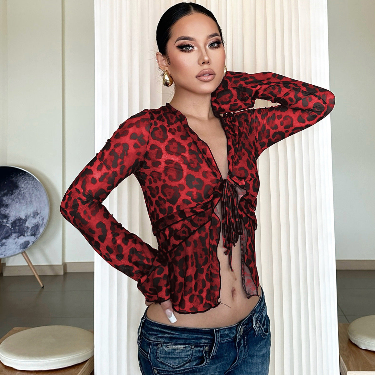 Damen leicht transparentes Oberteil mit Leopardenmuster R&B