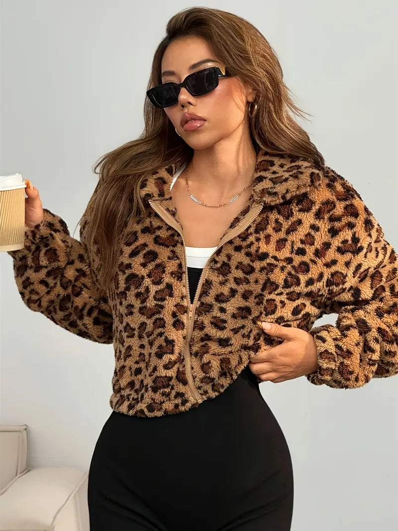 Damen Fleecejacke mit Animal-Print und praktischem Reißverschluss R&B