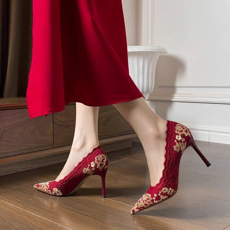 Damen elegante High Heels mit floralem Spitzenbesatz R&B