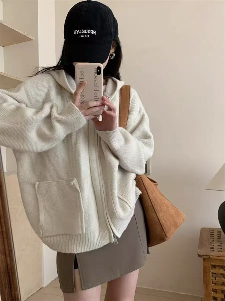 Damen Casual Oversized Strickjacke mit Kapuze und Taschen R&B