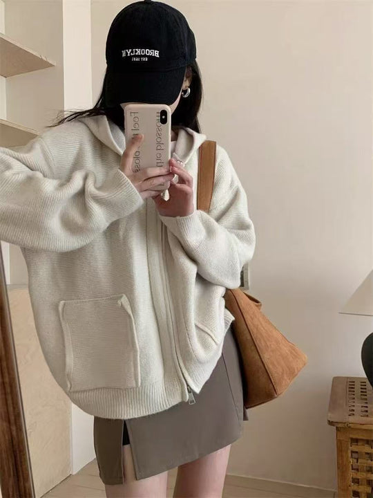 Damen Casual Oversized Strickjacke mit Kapuze und Taschen R&B