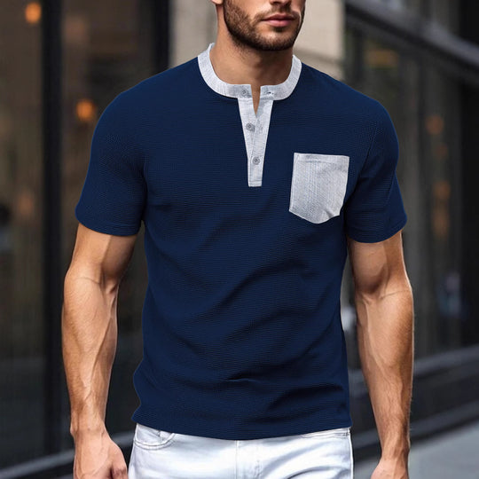Herren nan atmungsaktives Waffel-Henleyshirt mit Stehkragen kurzer Knopfleiste und aufgesetzter Brusttasche R&B