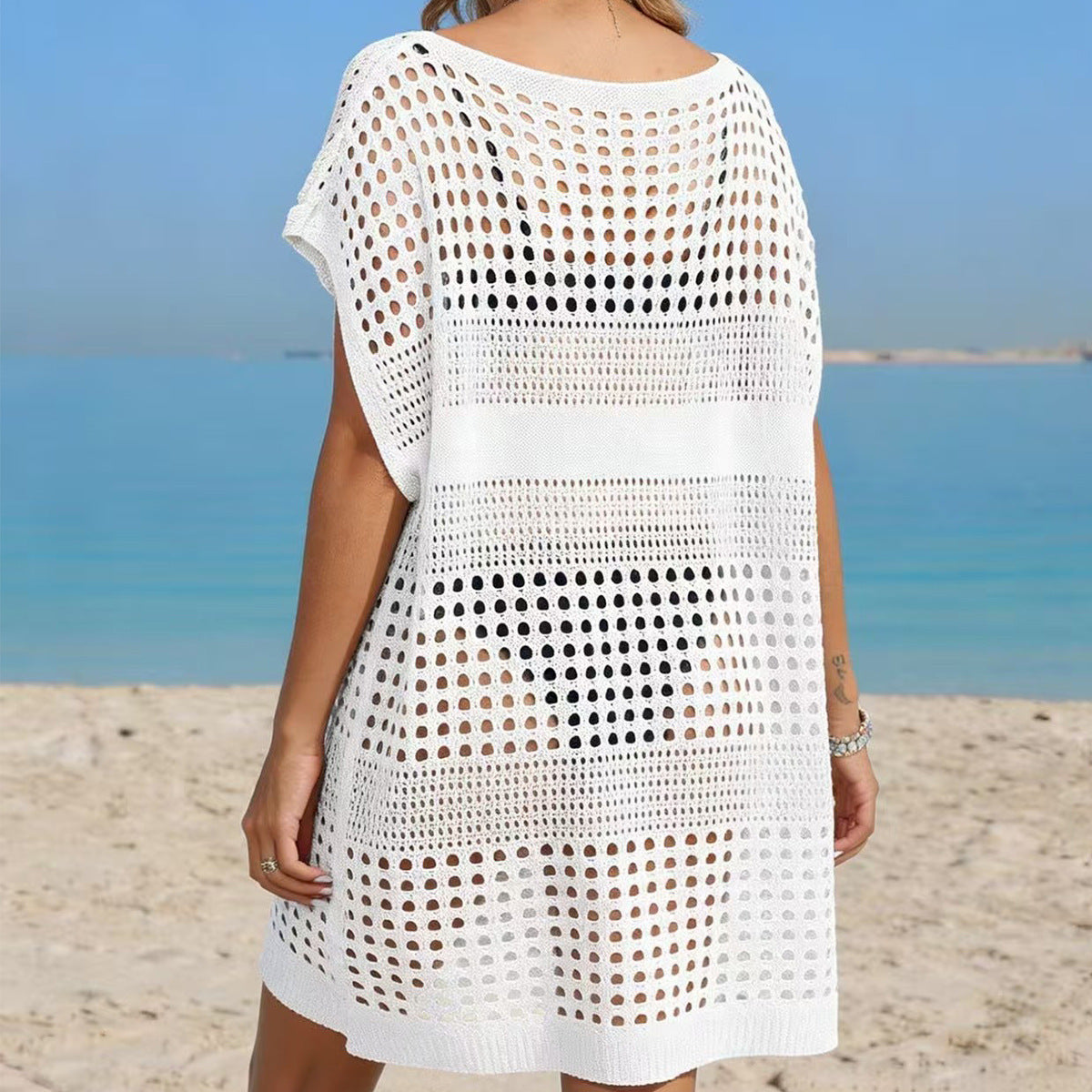 Damen luftiger Häkel-Strandüberwurf mit modischem Lochmuster R&B