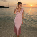 Damen Elegantes Maxikleid mit Spitzenverzierungen und tiefem V-Ausschnitt R&B