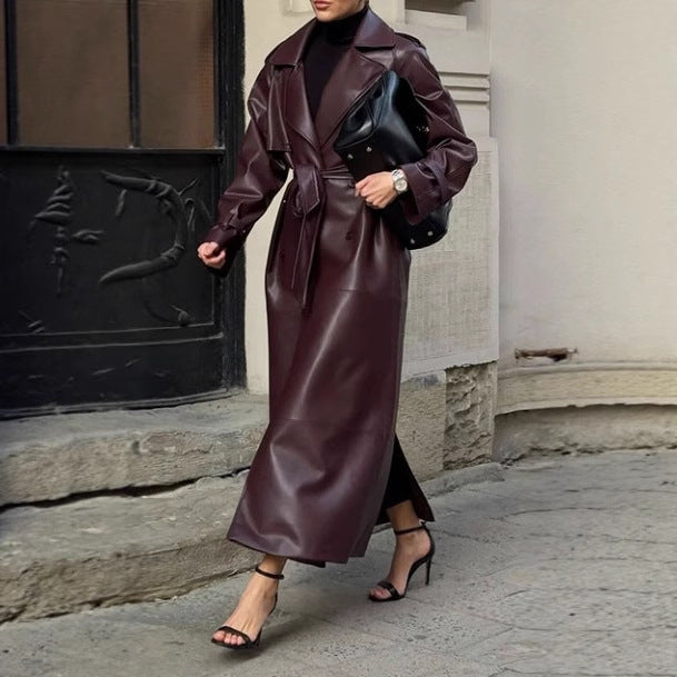 Damen eleganter Kunstleder-Trenchcoat mit taillierbarem Gürtel und praktischen Taschen R&B