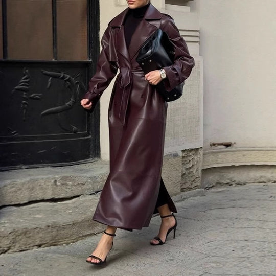 Damen eleganter Kunstleder-Trenchcoat mit taillierbarem Gürtel und praktischen Taschen R&B