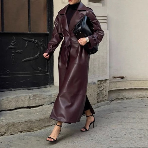 Damen eleganter Kunstleder-Trenchcoat mit taillierbarem Gürtel und praktischen Taschen R&B