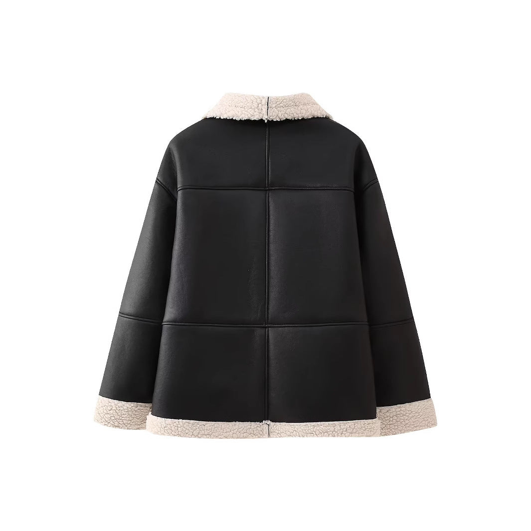 Damen angesagte Kunstlederjacke mit kuscheligem Innenfutter R&B