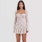 Damen romantisches Spitzenkleid mit Schnürung und flared Ärmeln R&B