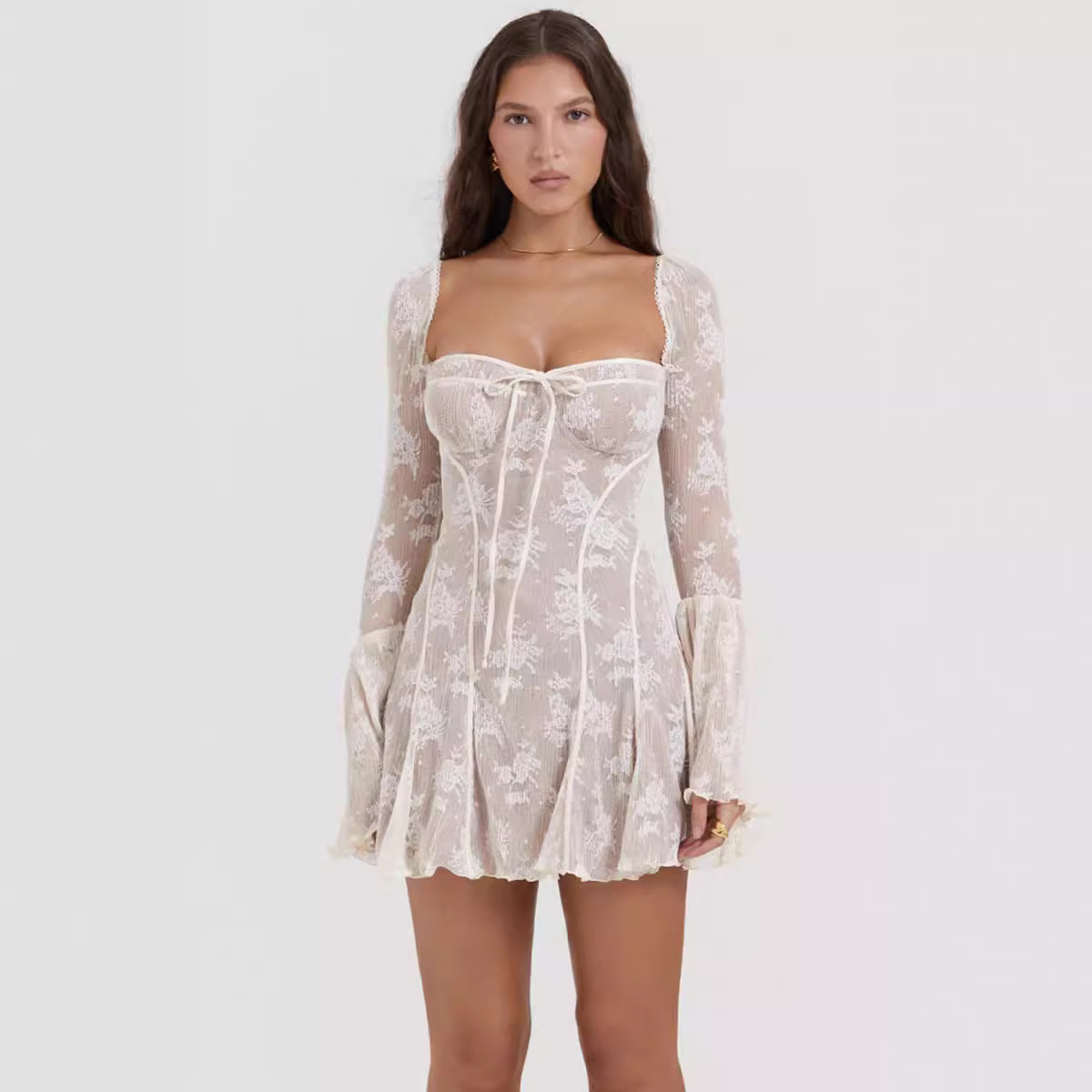 Damen romantisches Spitzenkleid mit Schnürung und flared Ärmeln R&B