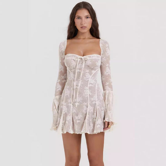 Damen romantisches Spitzenkleid mit Schnürung und flared Ärmeln R&B