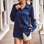 Damen edle Longbluse aus glänzendem Satin mit floralem Muster R&B