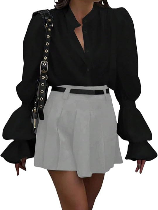 Damen Bluse mit eleganten Puffärmeln und zeitlosem Stehkragen R&B