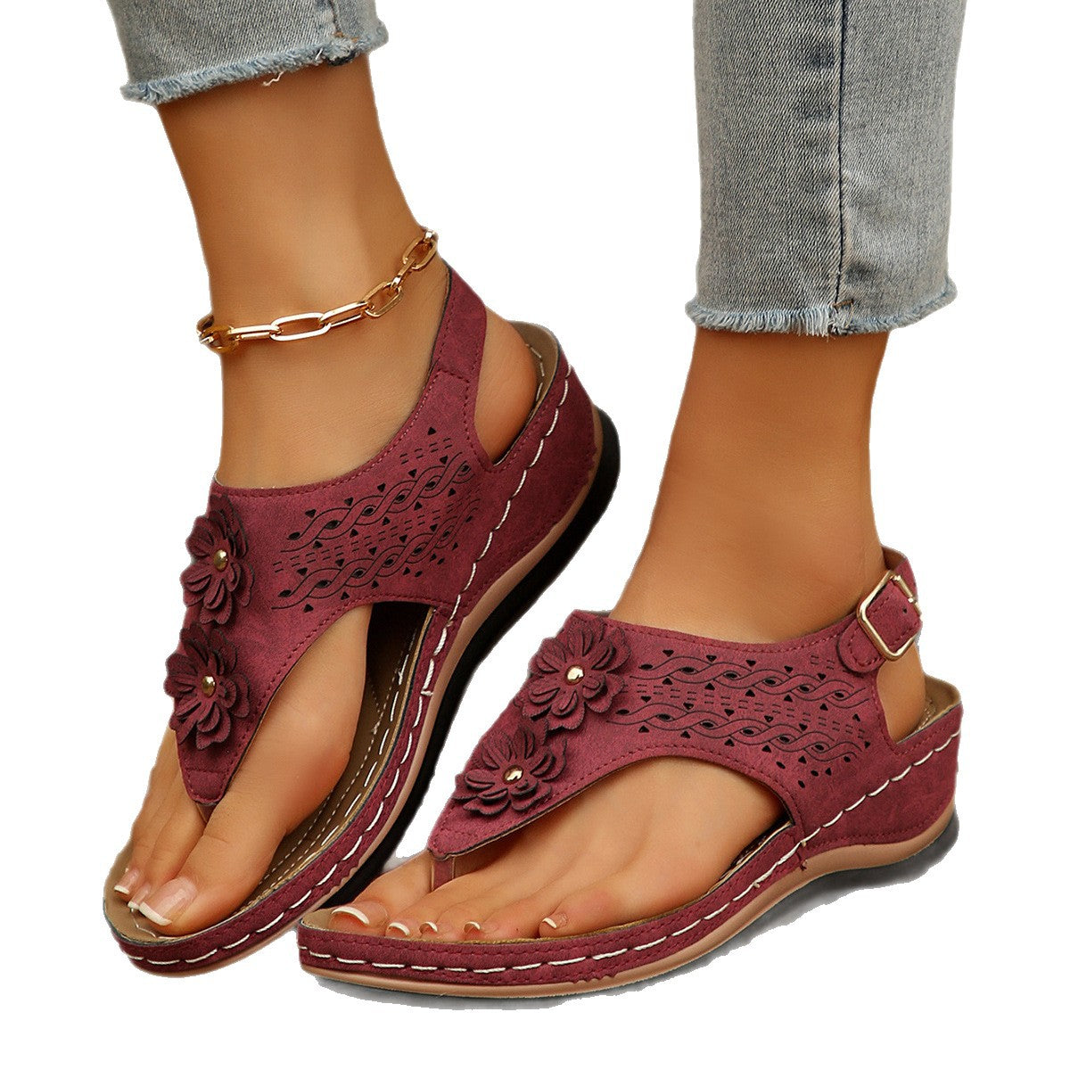 Damen Zehenstegsandalen mit floralen Lochdesign und komfortabler Fußbettgestaltung R&B